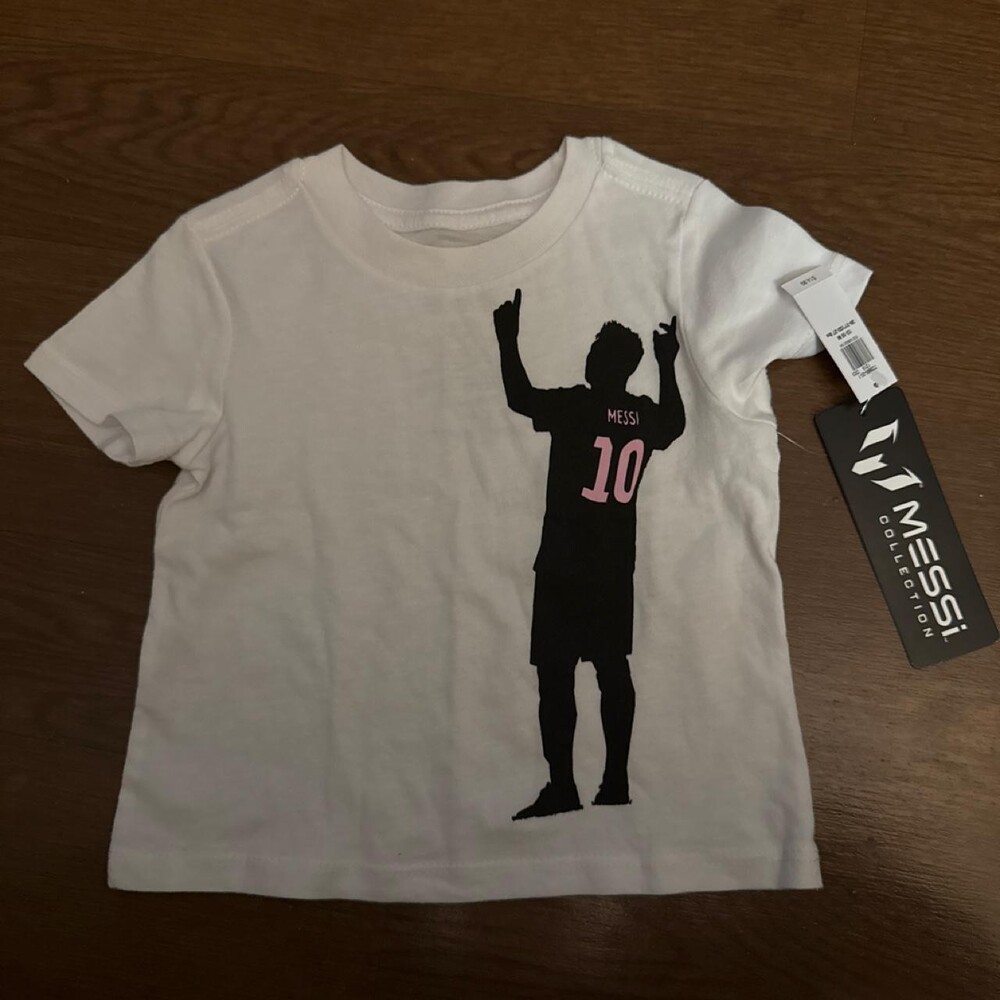 Old Navy White Messi Collection kids cotton & polyester t-shirt with black silho